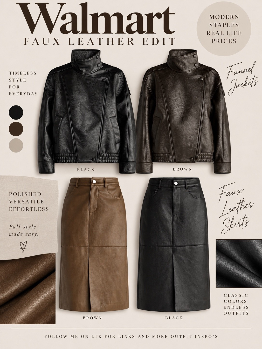 A little leather goes a long way in a fall wardrobe. 🤎

Walmart’s latest faux leather pieces bring just the right amount of edge without sacrificing that polished, classic feel. The funnel-neck jackets have a beautiful structured silhouette, while the midi skirts offer a sleek, feminine contrast.

What I love most is how versatile these pieces are. Pair the skirts with a soft cashmere-style sweater and ballet flats for daytime, or style the jackets with denim and a simple tee for an effortlessly chic weekend look.

Rich chocolate brown or classic black? Both are worth making room for this fall.
