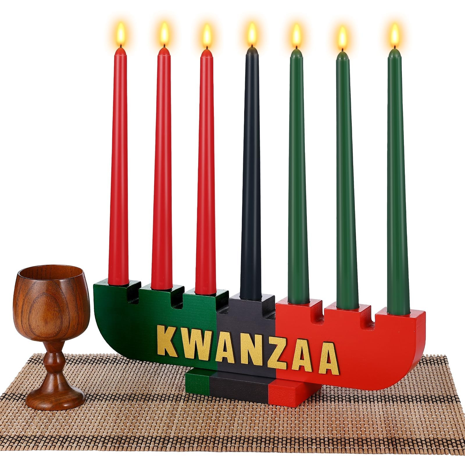 10-Piece Kwanzaa Kinara Set - 3 Red, 3 Green, 1 Black Candles - Double-Sided Wooden Candle Holder... | Amazon (US)