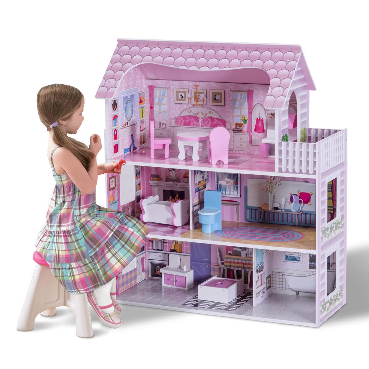 Costway 28'' Pink Dollhouse w/ Furniture and Play Accessories  for Girls | Target
