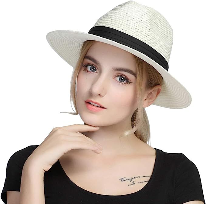 Taylormia Womens UPF 50+ Wide Brim Panama Straw Hat Foldable Fedora Beach Sun Hat | Amazon (US)