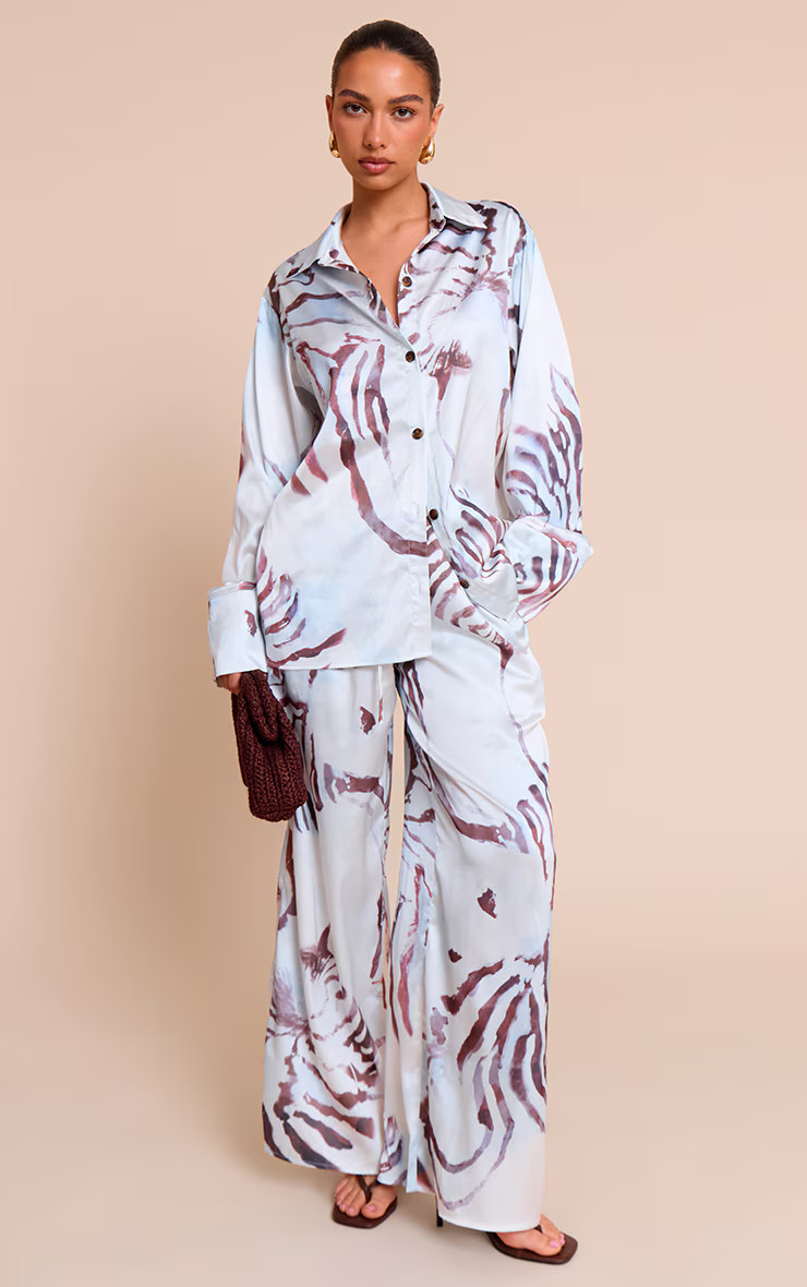 White Pirinted Oversized Satin Button Up Shirt | PrettyLittleThing US