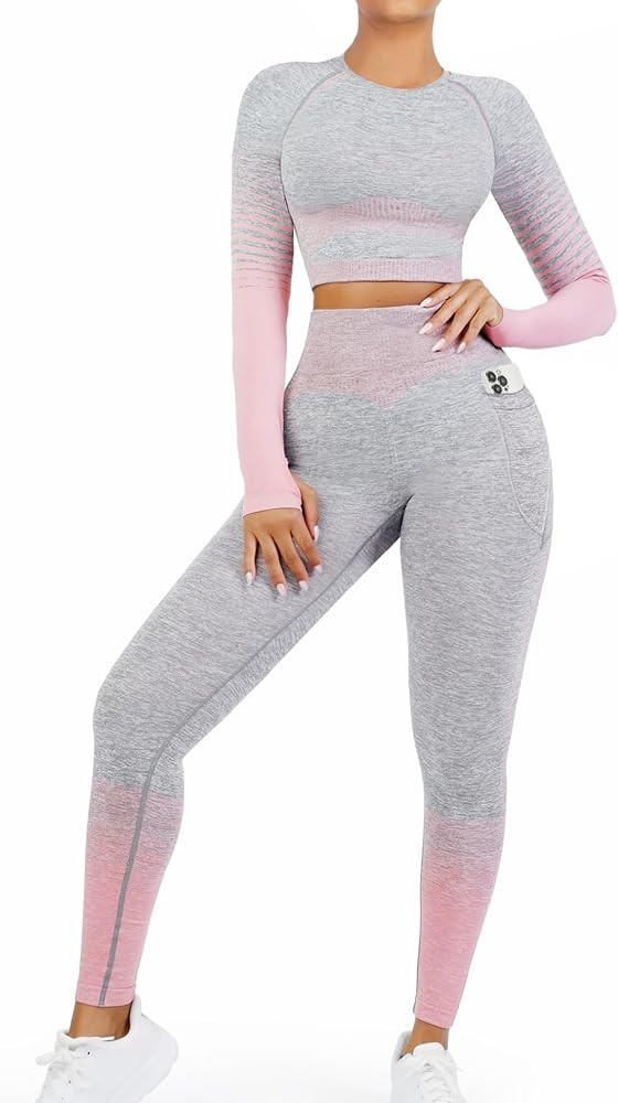 FeelinGirl Workout Sets for Women 2 Piece Long Sleeve Gym Outfit Yoga Set Crop Top High Waist Leg... | Amazon (US)
