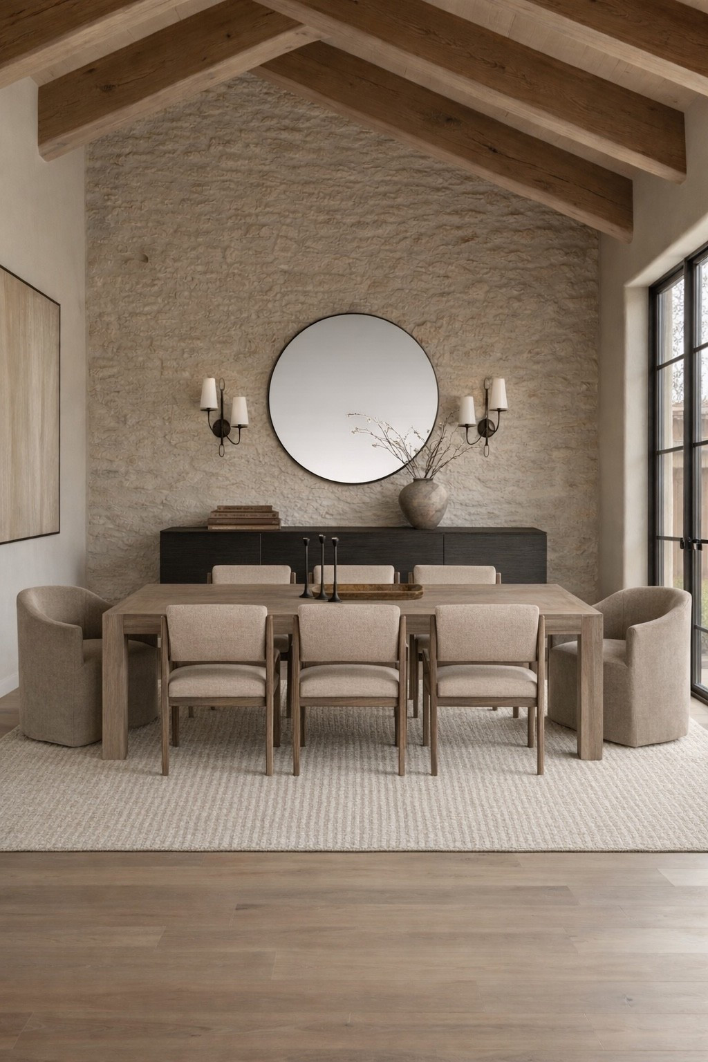 Pulling inspiration for our dining room in our new build! I love the natural light and organic elements such as the beams and stone. These Wayfair pieces complement this dining space beautifully! 

#LTKHome