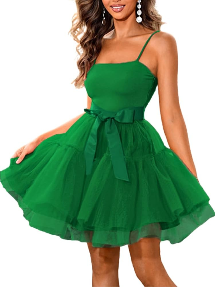 Kaei&Shi Poofy Short Tulle Dress,Spaghetti Strap Semi Formal Dresses for Women,Elegant Birthday O... | Amazon (US)