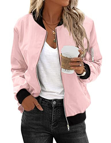 Zeagoo Women's Bomber Jacket Casual Coat Zip Up Spring Fall Clothes with Pockets S-XXL Pink | Amazon (US)