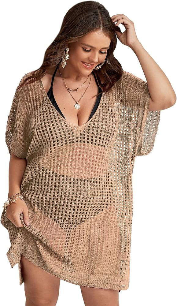 SOLY HUX Women's Plus Size Short Sleeve Hollow Out Split Beach Swimsuit Bikini Cover Up | Amazon (US)