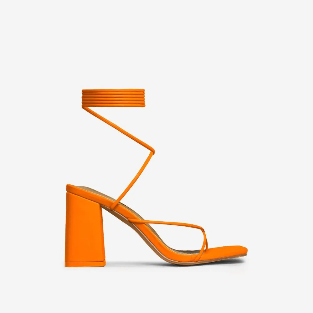 Posh Lace Up Strappy Square Toe Block Heel In Orange Faux Leather | EGO Shoes (US & Canada)