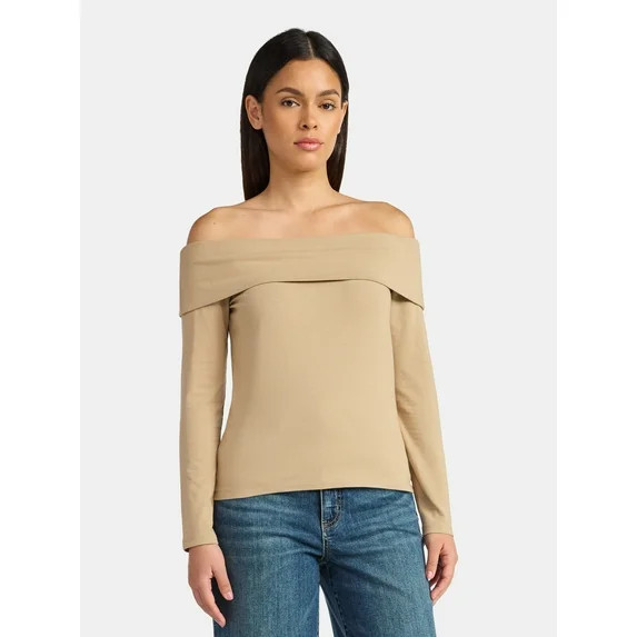 Time and Tru Women’s Fold Over Off Shoulder Top with Long Sleeves, Sizes XS-XXXL | Walmart (US)
