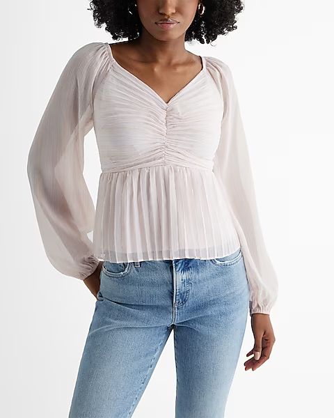 Metallic V-neck Pleated Ruched Peplum Top | Express (Pmt Risk)