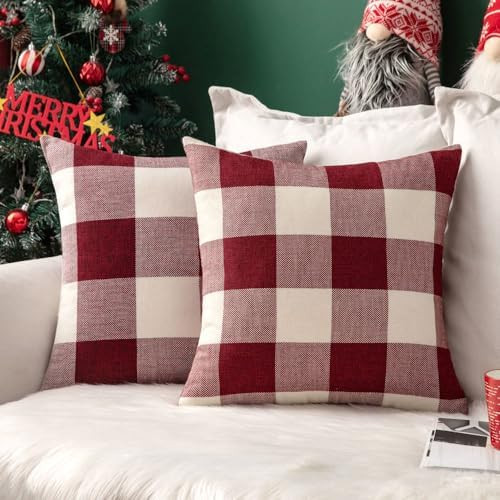 MIULEE Pack of 2 Christmas Classic Farmhouse Buffalo Check Plaids Linen Soft Soild Decorative Squ... | Amazon (US)