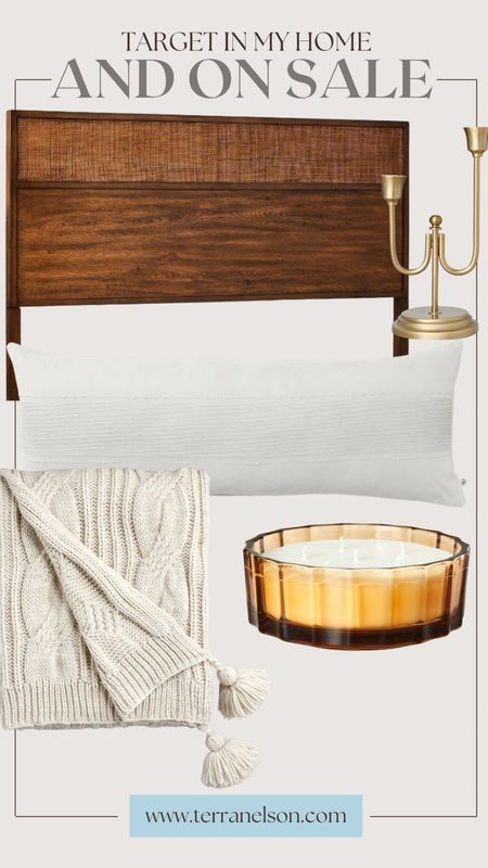 Home decor fall target items that are on sale right now that are in my home. Fall candle, fall throw blanket, cable knot throw blanket, gold candlestick holder, white lumbar pillow, bedroom furniture, wood headboard 

#LTKhome #LTKSeasonal #LTKsalealert