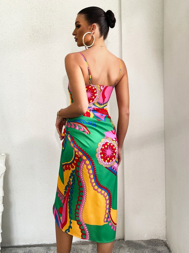 Draped Ruched Wrap Hem Graphic Print Cami Dress | SHEIN