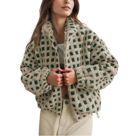 PUWEI Women's Sherpa Checkered Fleece Jacket Long Sleeve Coat Warm Zip Up Plaid Outwear with Pocket | Walmart (US)