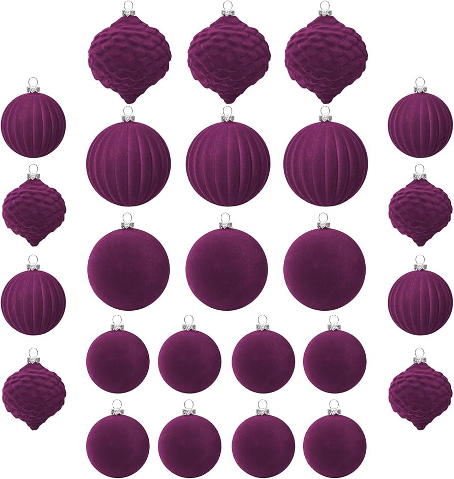 KI Store Velvet Ornaments for Christmas Tree Magenta Purple 25pcs Flocked Christmas Balls Assortm... | Amazon (US)