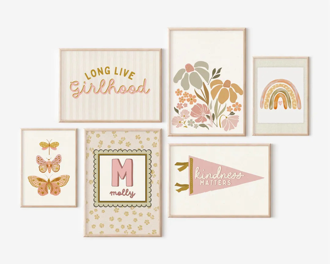 Girls Gallery Wall Set of 6 Prints Blush Pink Nursery Decor Pastel Neutral Muted Custom Name Retr... | Etsy (US)