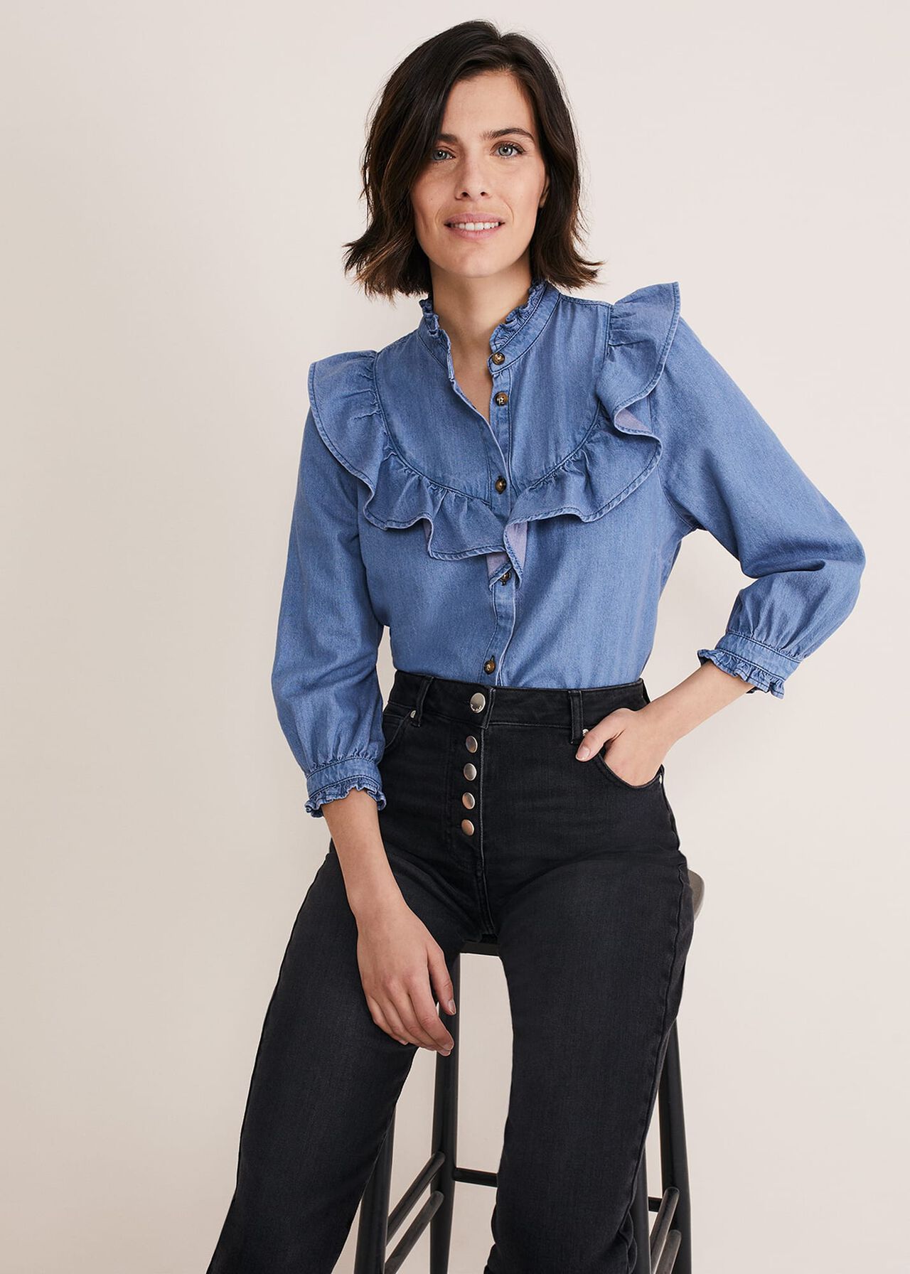 Maryam Ruffle Front Denim Blouse | Phase Eight (UK)