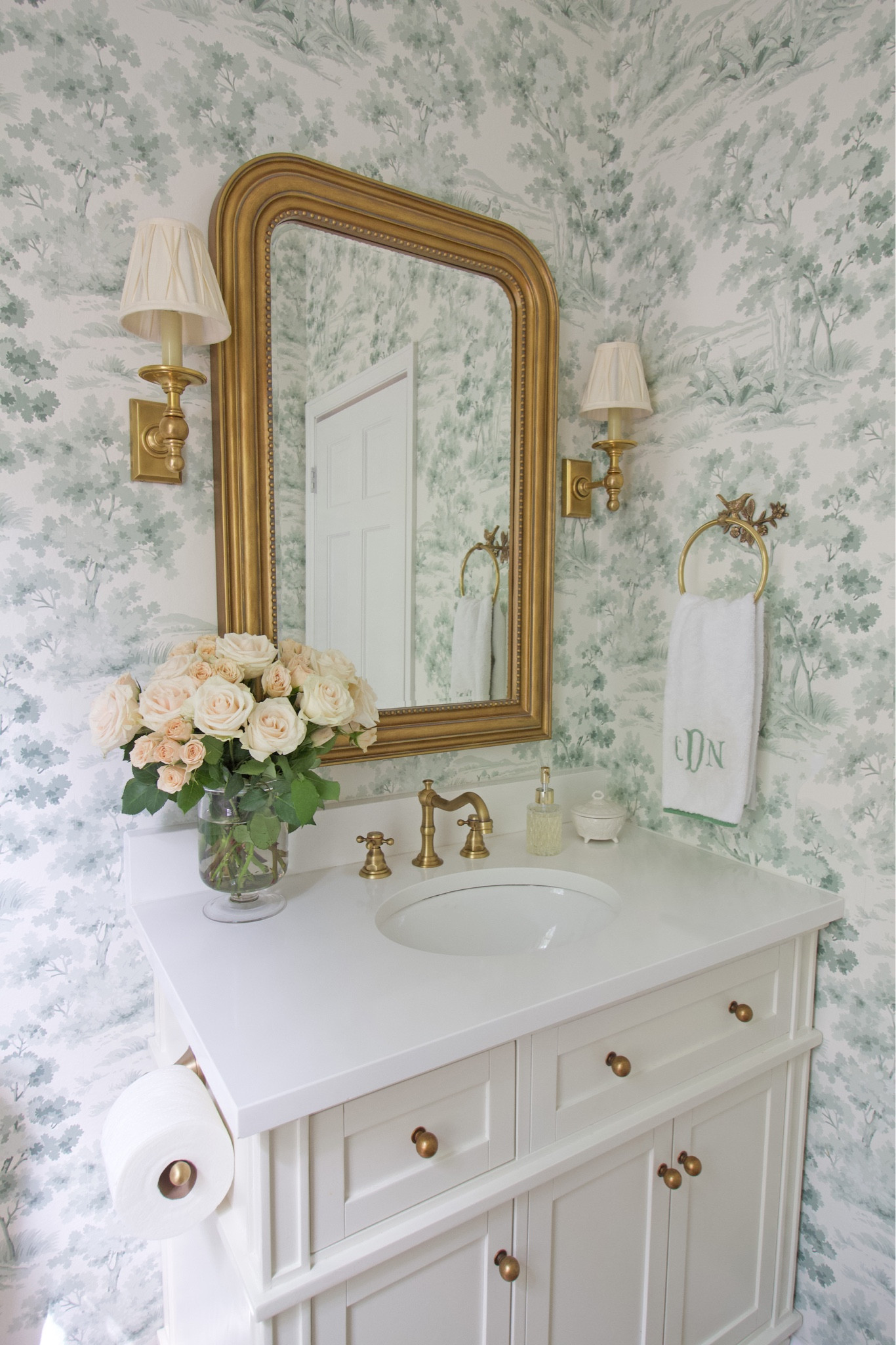 Full powder bathroom tour with sources is up on the blog! Check it out here- https://tuftandtrim.com/powder-bathroom-with-toile-wallpaper/ 
🤍🤍🤍

#LTKHome #LTKStyleTip