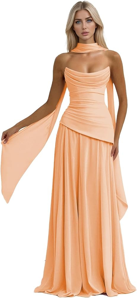 Strapless Scarf Neck Bridesmaid Dresses Long for Women A-Line Pleated Formal Evening Party Gowns | Amazon (US)