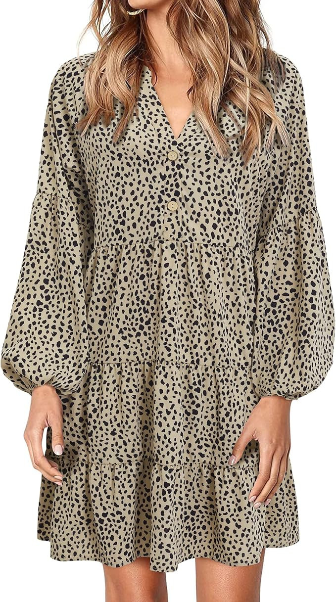 ULTRANICE Womens Ruffles Dress V Neck Button Long Sleeve Casual Loose Flowy Swing Shift Dresses | Amazon (US)