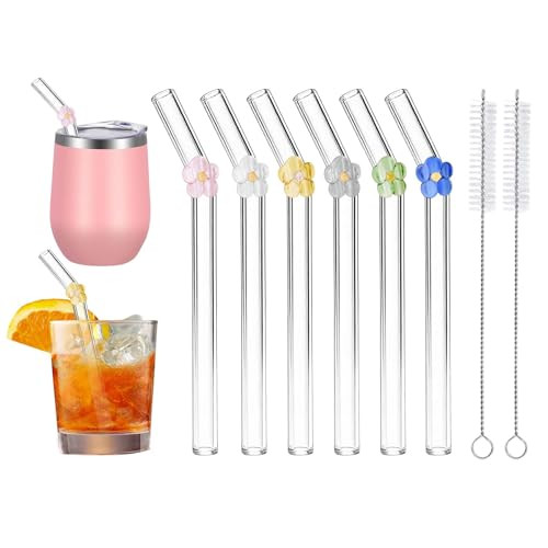DUMING-IN 6 Pcs Reusable Bent Short Glass Straws with 2 Cleaning Brushes, 6''x10 mm Cute Glass Straw Shatter Resistant, Dishwasher Safe for Whiskey, Coffee, Juice, Soda Drinks, Teas | Amazon (US)