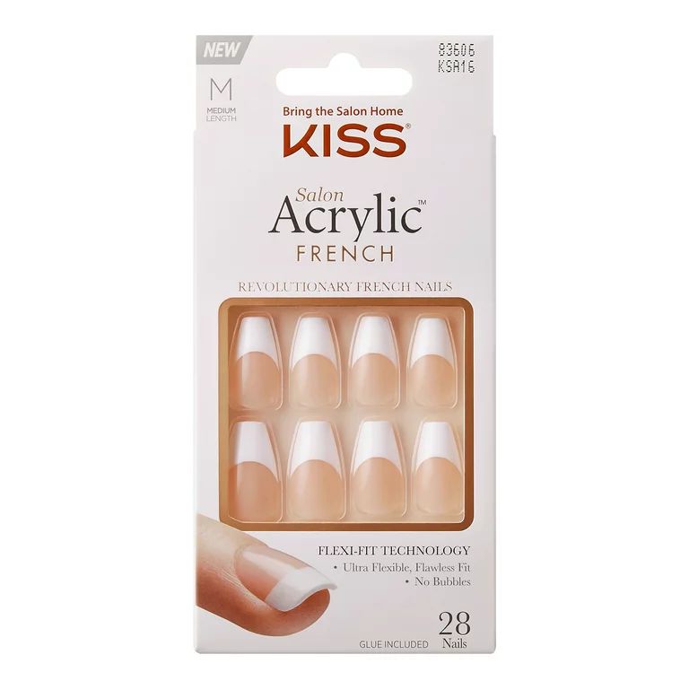 KISS Salon Acrylic Medium Coffin French Nails, White Tips, 28 Count | Walmart (US)