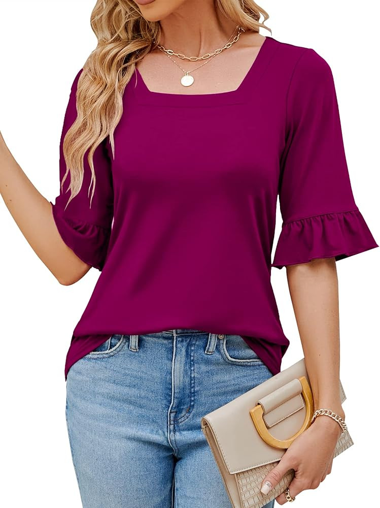 Womens 3/4 Sleeve Shirts Summer Square Neck Bell Sleeve Tops Business Casual Loose Tunic Work Dre... | Amazon (US)