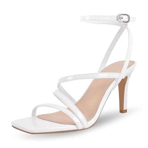 pinokino Strappy Heels for Women High Heels Ankle Heeled Square Open Toe Comfortable Sandals Strap Dress Shoes for Party Wedding White Size 9.5 | Amazon (US)