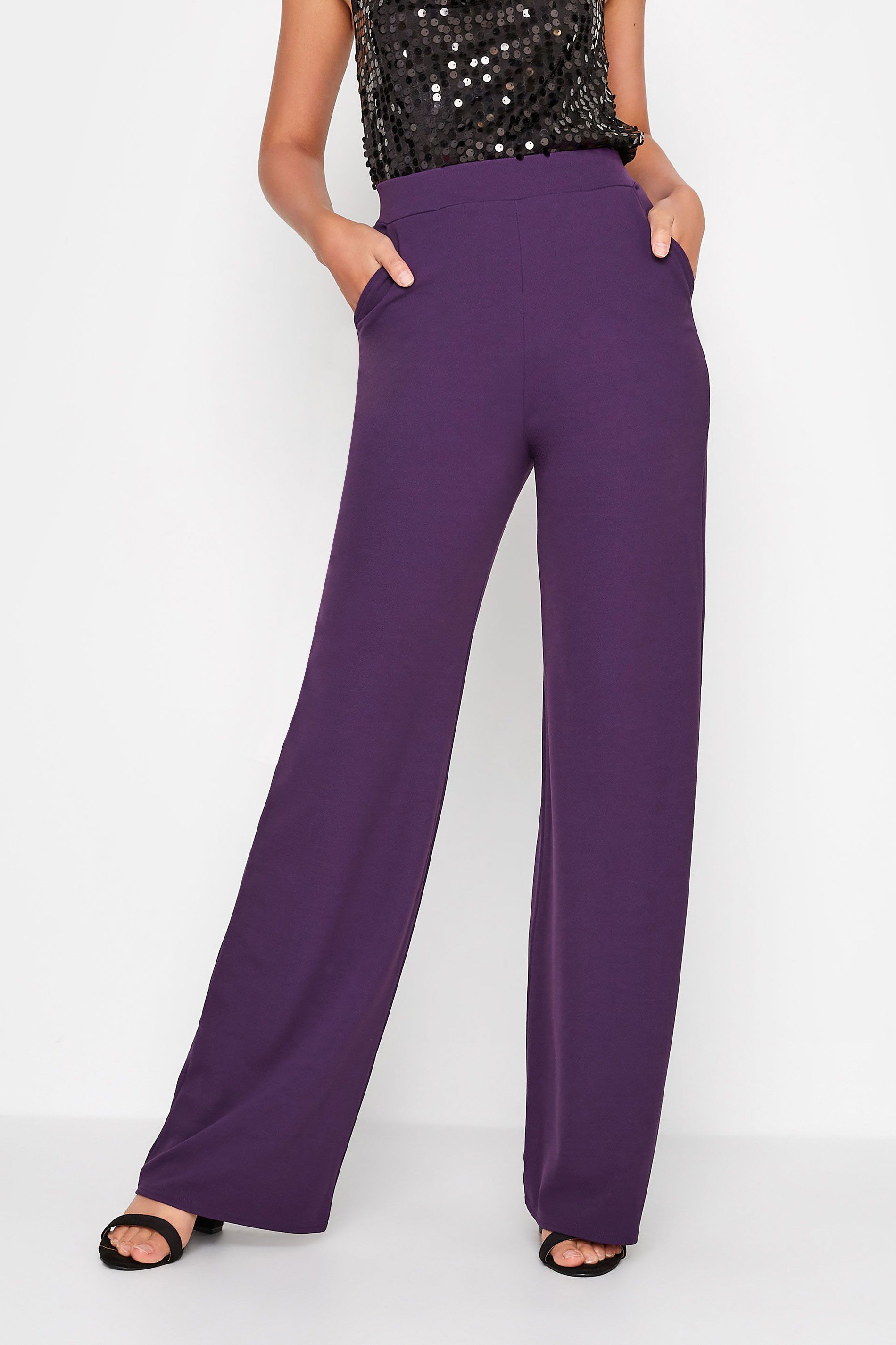 LTS Tall Dark Purple Stretch Scuba Wide Leg Trousers | Long Tall Sally