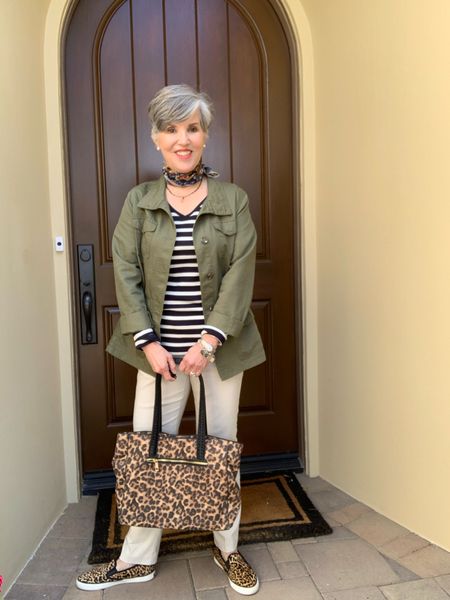 Really cute teacher outfit/ olive utility jacket (s)/ navy striped tee (s)/ leopard tote/ leopard sneakers/tan chinos/Ebel watch

#LTKitbag #LTKunder100 #LTKunder50