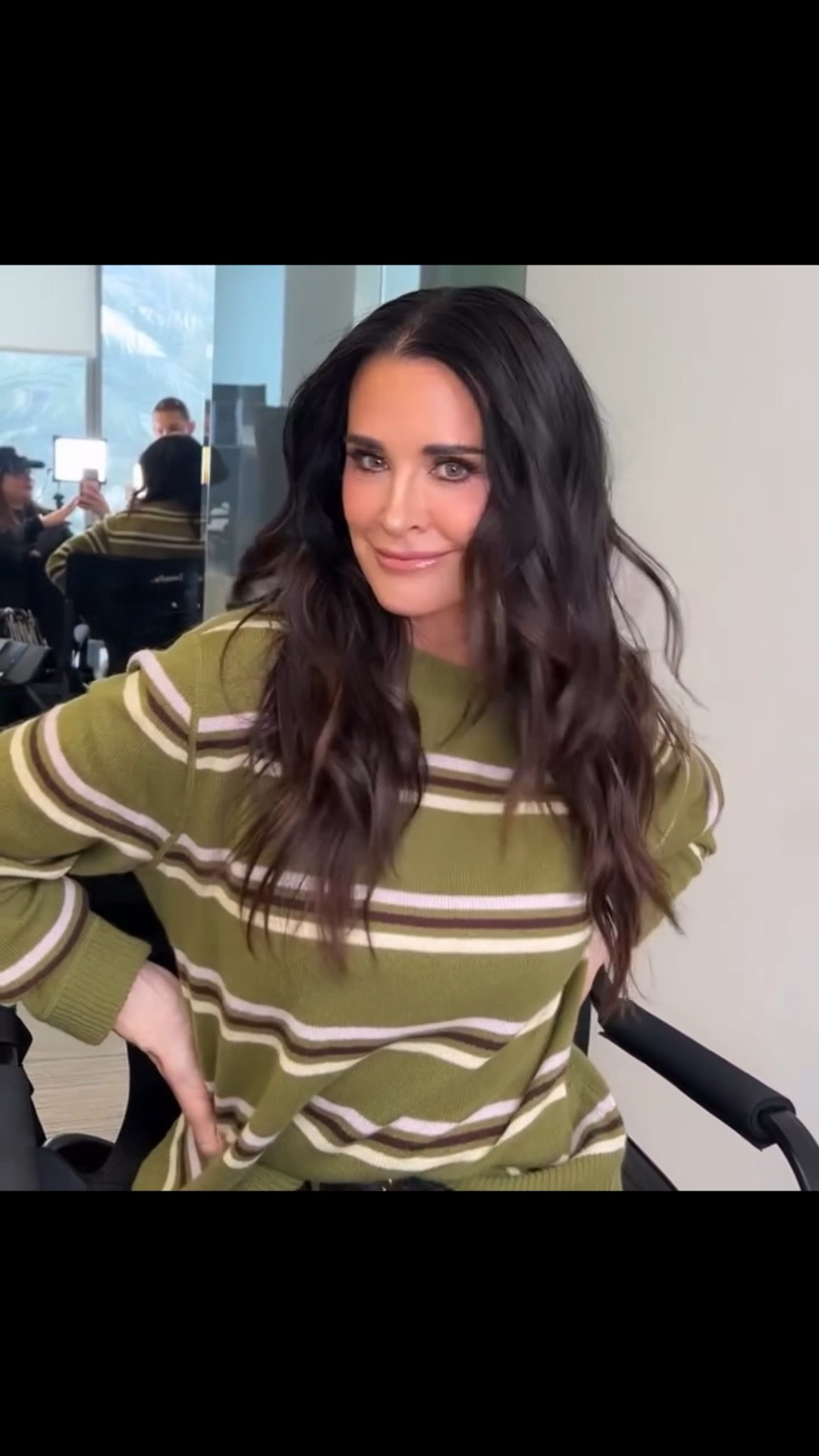 Restocked! Kyle Richard's best selling cashmere boyfriend fit stripe sustainable sweater is relaxed fitting throughout and has ribbing at the cuff, neck, and hem. It's made of super soft and stretchy recycled cashmere to keep you warm.