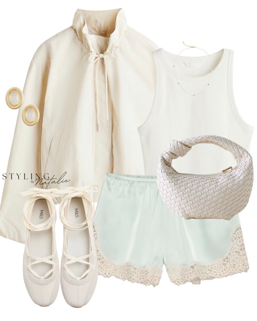 Spring jacket and shorts- Windbreaker jacket, ribbbed vest top, satin lace trim shorts, lace up ballet flats and woven bag. 
High street, casual chic, date night, summer outfit

#LTKsummer #LTKspring #LTKuk