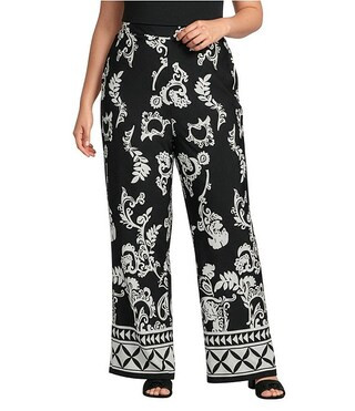 Plus Size Knit Jersey Mosaic Border Print High Rise Wide Leg Pants | Dillard's