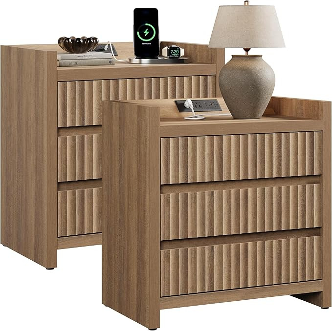 SICOTAS Night Stand Set of 2 with Charging Station, USB-C Port, 26" Tall Fluted Nightstand, Large... | Amazon (US)