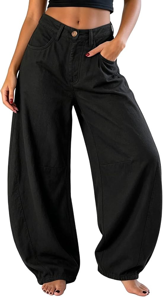 EXLURA Womens Faux Linen Barrel Pants Baggy Wide Leg Palazzo Pant Summer Cotton Lightweight Elast... | Amazon (US)