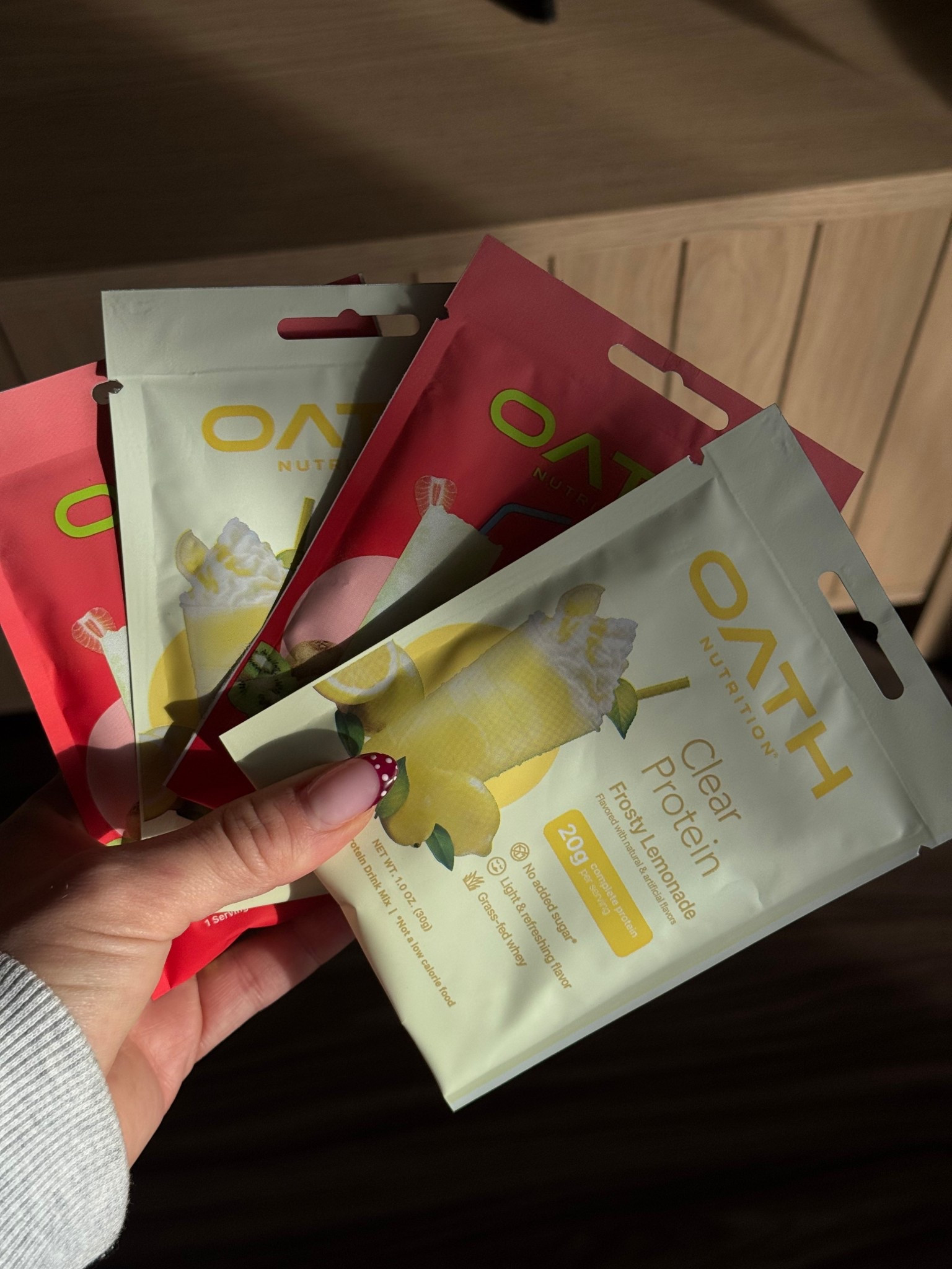 Current fixation !! These are SO good. Clear protein, each pack is 20g. I add them to my water and it’s such a treat 🍋