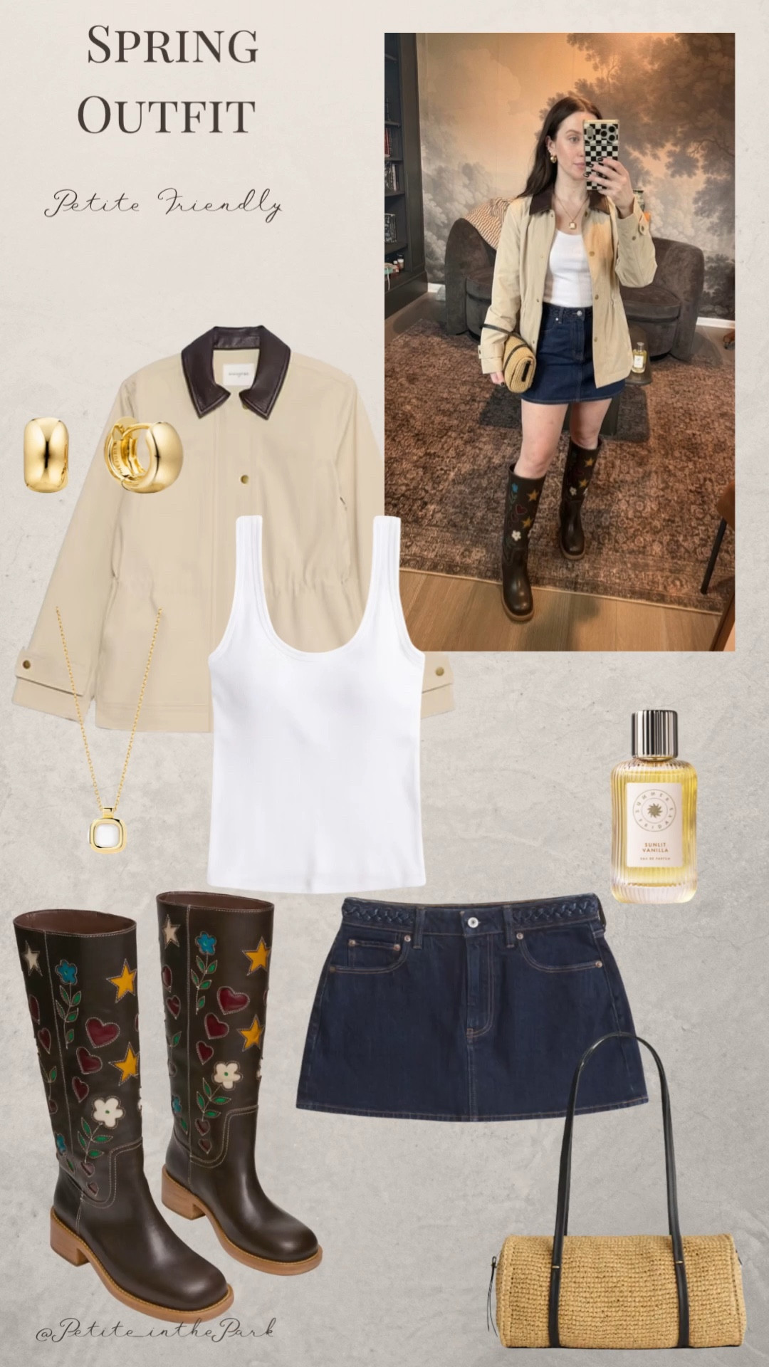 Spring petite outfit  

Spring outfit, spring trends, casual spring outfit, petite spring outfit, spring fashion, spring style, petite style, petite spring style, casual petite barn jacket, barn coat. Spring coat, white tank, high waisted skirt , petite skirt, denim skirt , boots , brown boots , leather boots , embroidered boots, shoulder bag, rattan bag, tan bag, tan purse, gold earrings, gold hoop earrings, gold necklace, minimal jewelry  #casualoutfit #petiteoutifts #springoutfits #springoutfit2026 #springtrends  @Steve Madden US #sponsored

#LTKPetite #LTKU #LTKSeasonal