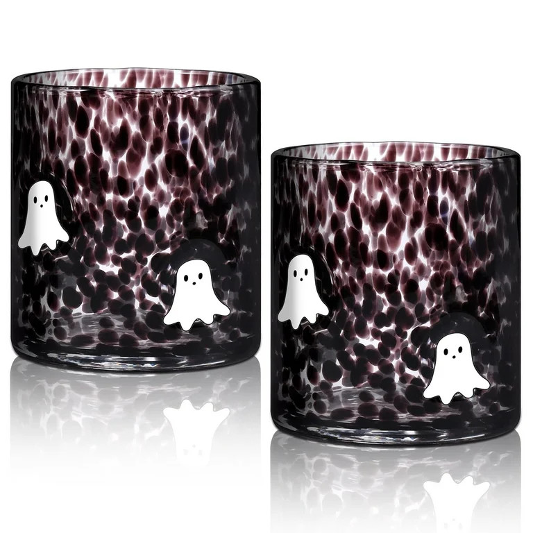 2 Pcs 14 Oz Halloween Glass Cups, Hand Blown Drinking Cups with Cute Spooky Ghost Patterns, Black... | Walmart (US)