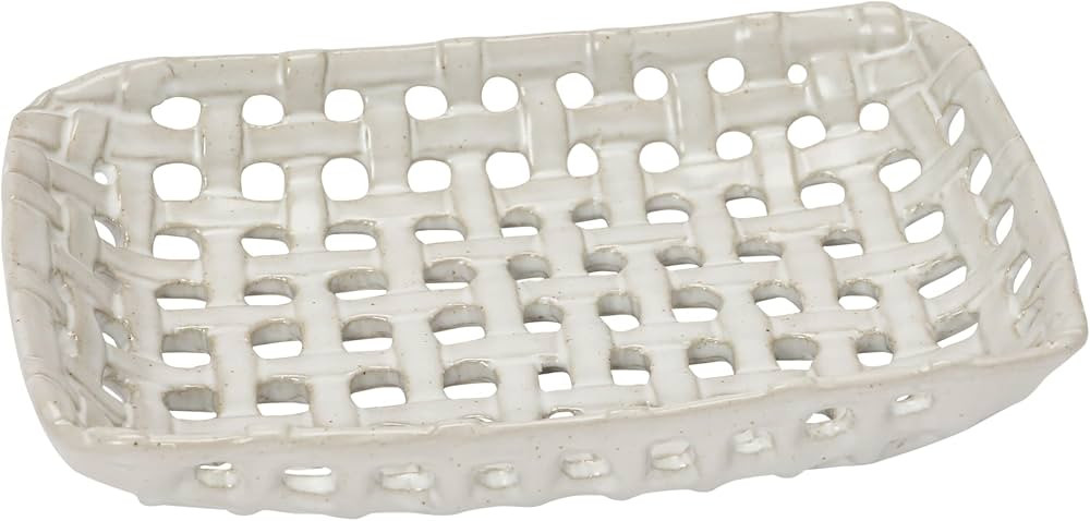 Creative Co-Op Handmade Stoneware Basket Dish, White, Set of 4 Serveware, 7" L x 5" W x 1" H | Amazon (US)