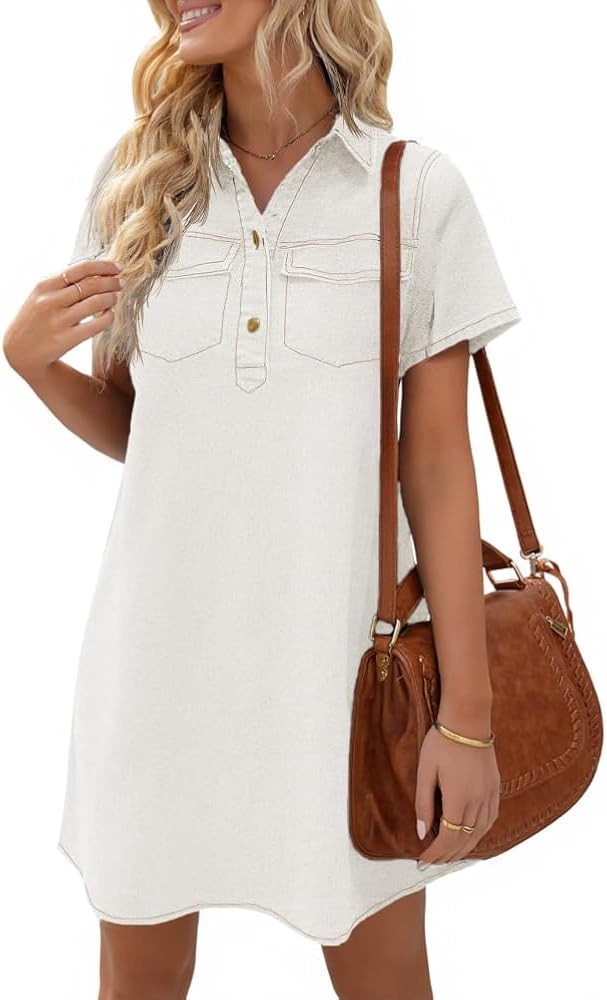 Wenrine Women's Short Sleeve Denim Dress Button Down Collared Loose Fit Summer Casual Jean Shirt ... | Amazon (US)