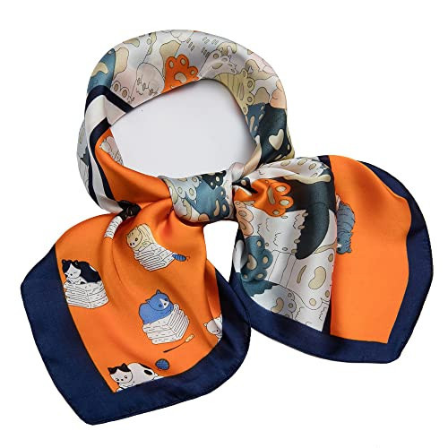 27 inch Silk Feeling Scarf Square Hair Scarf Satin Head Scarf Fashion Cat Pattern Neck Scarfs for Women Orange | Amazon (US)