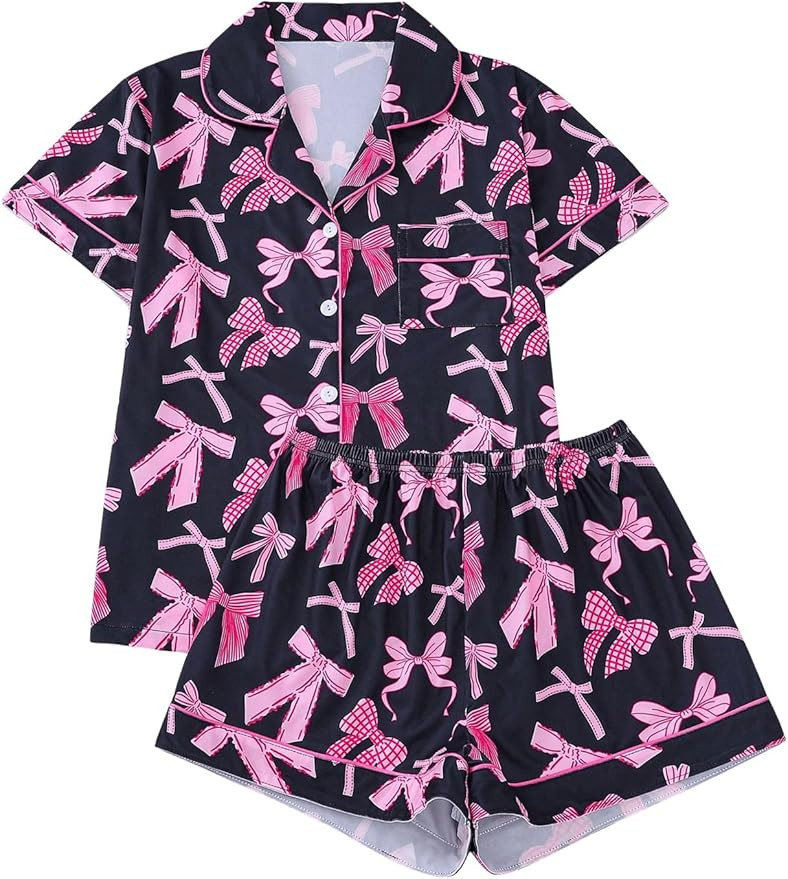 SHENHE Women's 2 Piece Pajama Set Bow Graphic Button Down Short Sleeve Lapel Shirt Pj Short Set | Amazon (US)