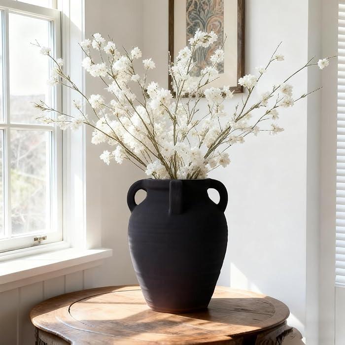 Handmade Black Terracotta Vase, 8.2" Tall with 4 Ears, Wide Mouth Ceramic Vases, Vintage Farmhous... | Amazon (US)