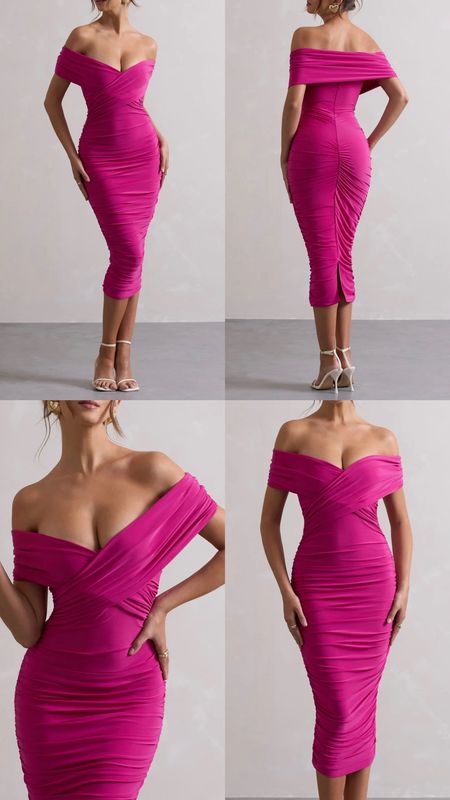 Pink dress. Dark pink ruched twist bardot midi dress. 
Summer, spring, date night out, brunch outfit, wedding, baby shower, special occasion. £50 . Affordable fashion.  Wardrobe staple. Timeless. Gift guide idea for her. Luxury, elegant, clean aesthetic, chic look, feminine fashion, trendy look.
Club L London outfit idea.

#LTKFindsUnder50 #LTKFindsUnder100 #LTKParties