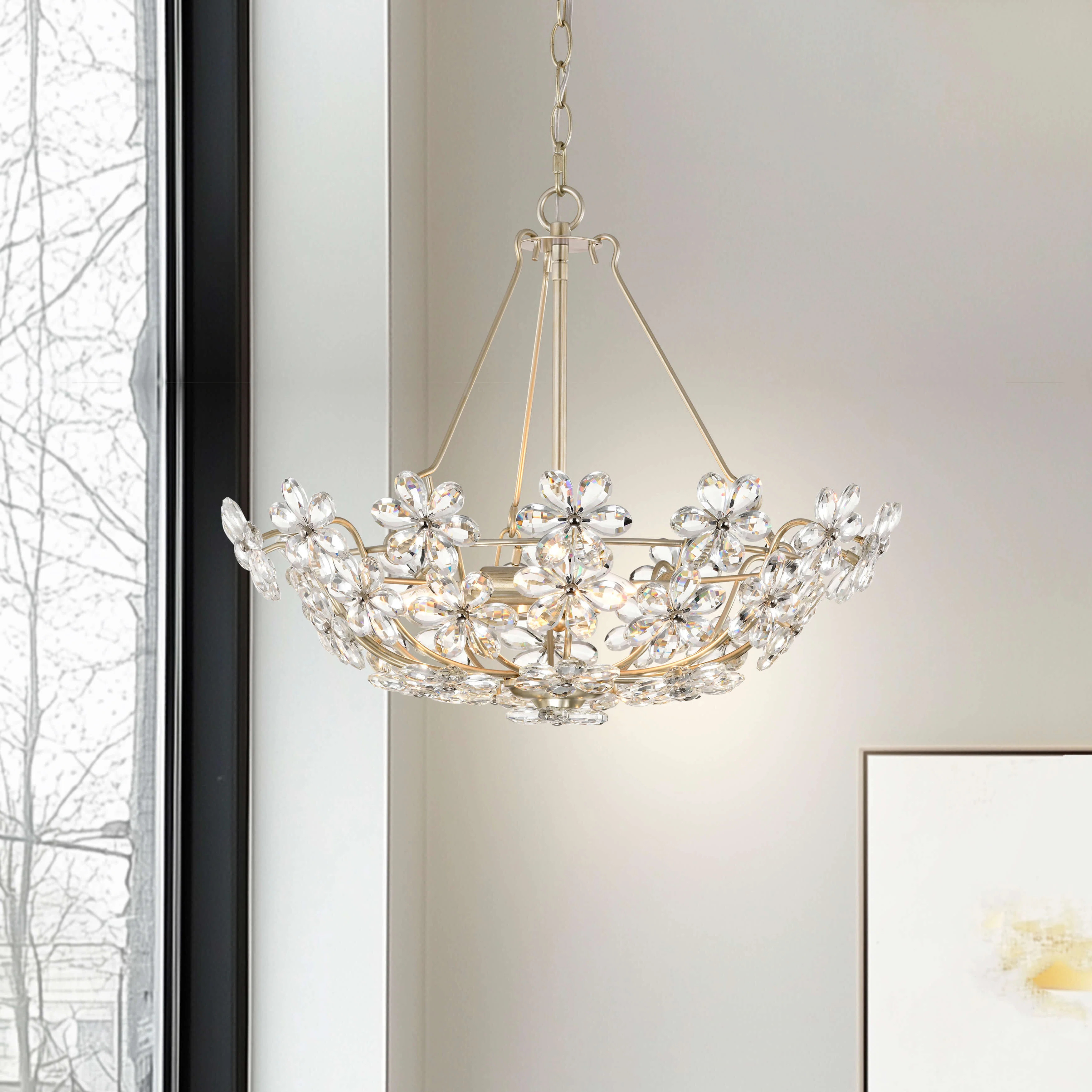 Rosa Glam 3-Light Brushed Silver-ish Champagne Daisy Crystal Glass Flower Chandelier | Wayfair North America
