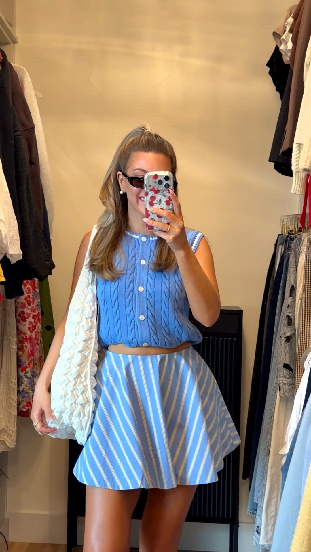 Abercrombie blue striped skort paired with a blue sweater vest casual everyday look for spring 

Wearing small top xs skort

Causal
Comfy
Spring outfit
Lunch date
Shopping
Mom look
Workwear

#LTKSeasonal #LTKgrwm #LTKspring