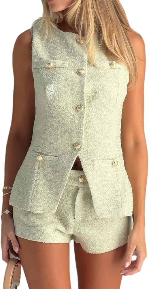 NIFTRIRY 2 Piece Sets for Women Sleeveless Tweed Blazer Matching High waisted shorts Elegant Work... | Amazon (US)
