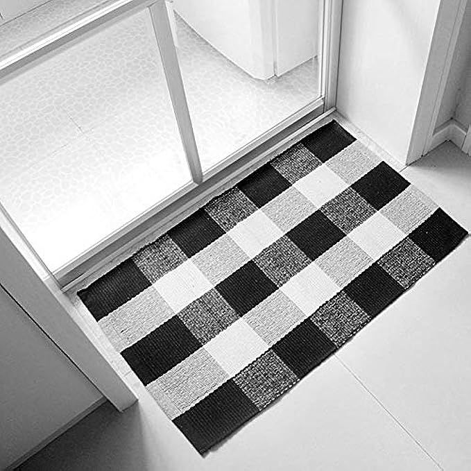 Ukeler 100% Cotton Plaid Rugs Black/White Hand-Woven Checkered Door Mat Washable Rag Throw Rugs, 23. | Amazon (US)