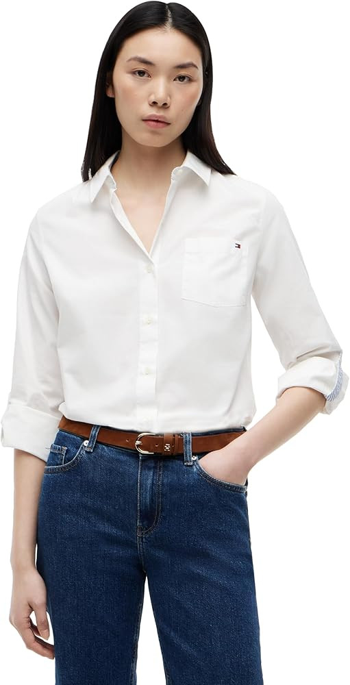 Tommy Hilfiger Women's Cotton Poplin Long Sleeve Button Down Shirt in Regular Fit with Roll Up Sl... | Amazon (US)