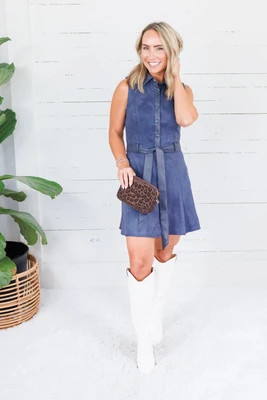 Lola Navy Faux Suede Belted Dress | Clover + Bee