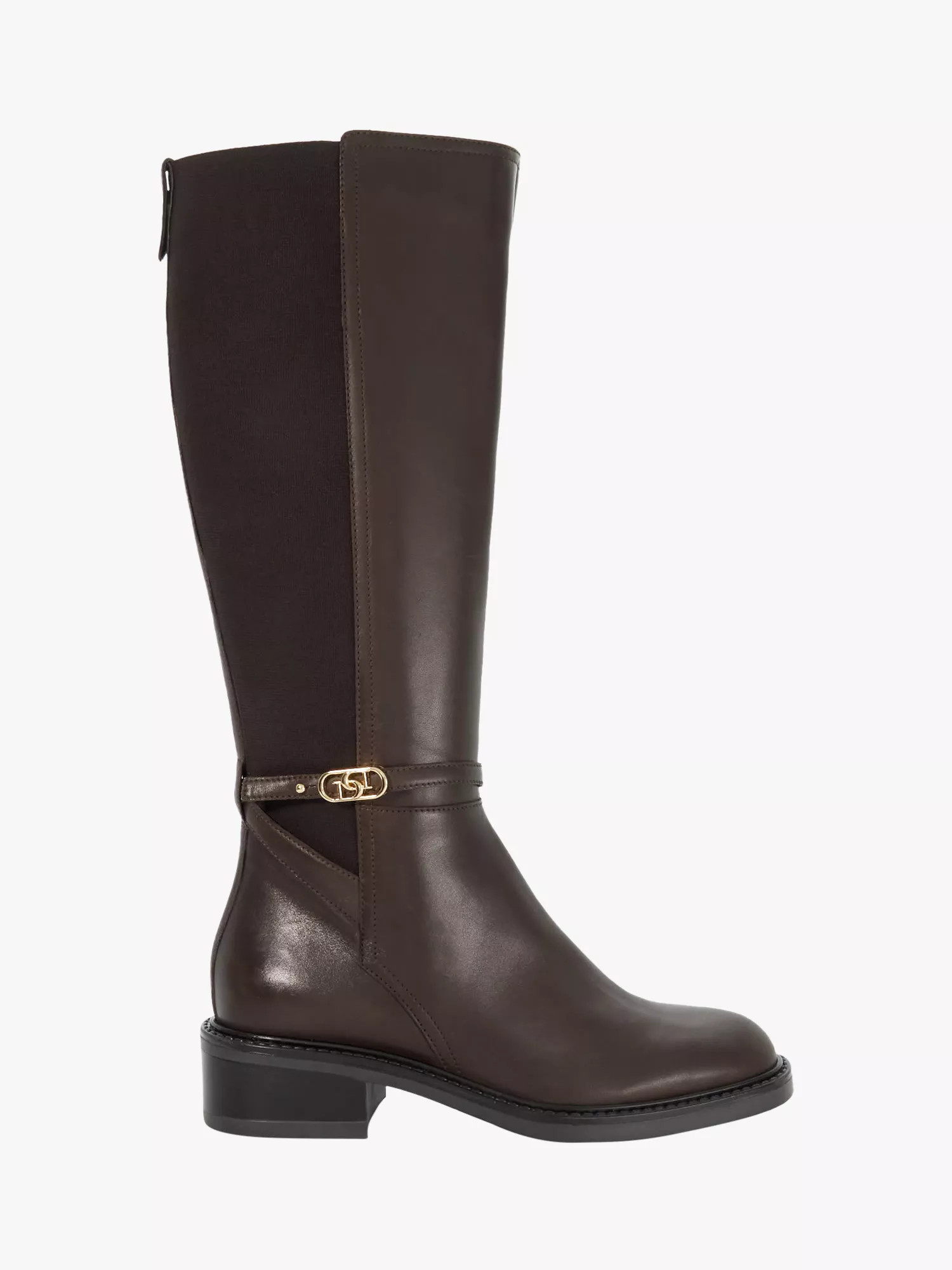 DuneTias Leather Branded Buckle Knee High Boots, Brown | John Lewis (UK)